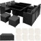 tectake Polyrattan Gartenmöbel Set, Sitzgruppe mit 6 Stühle +1 Glasplatte Tisch + 4 Hocker, Gartenlounge Set klappbar, für bis zu 10 Personen, Balkon Möbel, inkl. 2 Bezugsset - schwarz