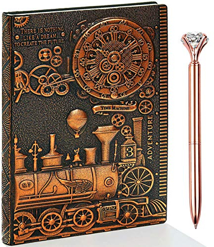 3D Train Vintage Leather Journal Writing Notebook with Diamond Pen Set,Antique Handmade Leather Daily Notepad Sketchbook,Travel Diary&Notebooks to Write in,Train Journal Gift for Men Women