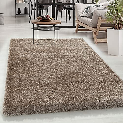 Carpetsale24 Teppich Wohnzimmer Shaggy Einfarbig Design 140 x 200 cm Taupe - Hochflor Teppich Schlafzimmer Luxuriöse Kuschelig und Super Weich Flauschiger Teppich Langflor 50 mm Florhöhe Rechteckig