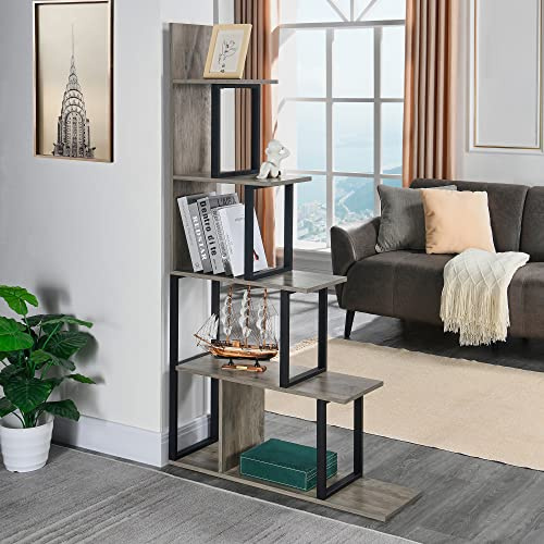 MODERION Regal, Wandregal,Bücherregal mit 5 Ebenen, Leiterregal,für Wohnzimmer, Schlafzimmer, Küche, T-förmiges Design,(160 x 90x25 cm) (Grau)