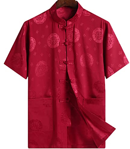 Altsuceser Vêtements de Tai-Chi pour homme Wing Chun Kung Fu, Chemise traditionnelle chinoise à manches courtes Hanfu Rouge L