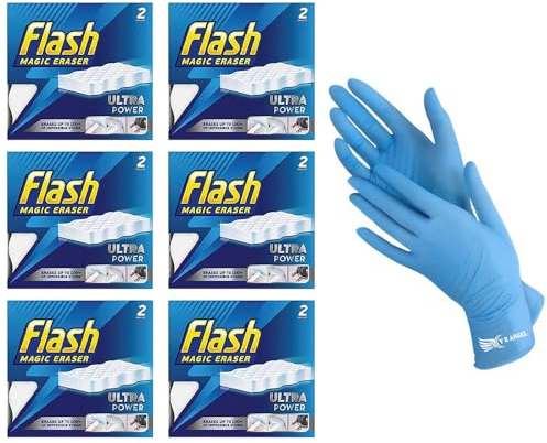 Flash Ultra Power Magic Eraser with Gloves Stubborn Stains & Mark Remover Chemical Free Sponge Multi-Functional and Long Lasting Sponge For Cleaning With Comfort And Ease 6 Pack