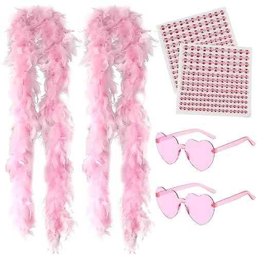 BDSHUNBF 4 Stück Federboa, mit Herzförmigen Randlosen Sonnenbrillen, Feder Boas für Kostüm- und Bastelzubehör für Cosplay, Halloween, Weihnachten, Kostüm Karneval, Kostümparty (Rosa, 1.8M)