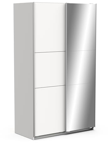 Demeyere Armoire Porte Coulissante Avec Miroir & Penderie Moderne – Coloris Blanc Mat & Finitions Métal - 116,5 x 59,8 x 203 cm