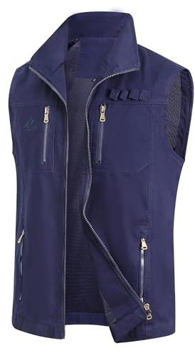 MeiLayM Uomo All'aperto Gilet Multi-Tasca Cotone Gilet da Pesca Leggero Traspirante Giubbotti Gilet vintage Casual Sport Giubbino Senza Maniche Caccia FotografiBlu,M