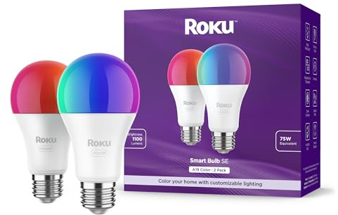 Roku Smart Light Bulbs (Color, 2-Pack) - Dimmable A19 Color Lightbulbs with Adjustable Brightness & Temperature - WiFi Smart Bulbs Works with Roku Voice, Alexa & Google Assistant - Smart Home Products
