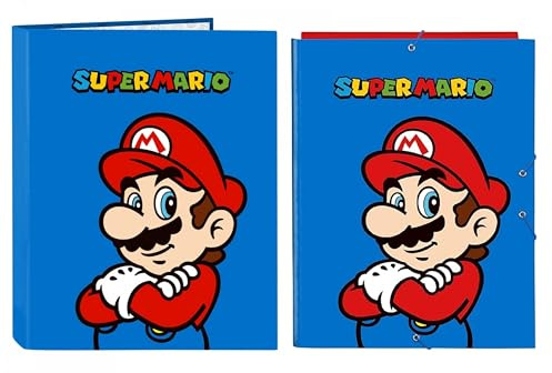 Classeur PRESTIGE & DELUXE compatible Super Mario Rouge 4 anneaux pour l'école + Dossier avec élastique + Porte-clés Mario ou Luigi offert