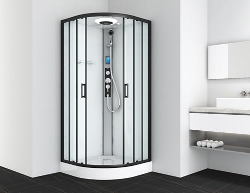SANOTECHNIK Cabine de douche complète Austin Black 90 × 90 × 215 cm – Douche complète tout-en-un | Verre de sécurité ESG de 5 mm, radio tactile, toit LED, buse de massage, montage rapide CL20B