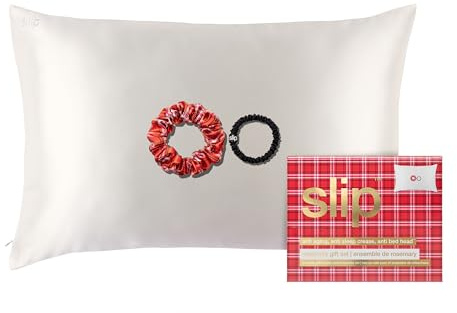 Slip Silk Geschenkset bestehend aus 1 Seidenkissen (51 x 76 cm) in weiß & 2 Haargummis aus 100% 22-Momme Maulbeerseide