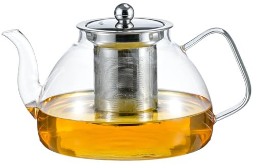 Wlasss Teiera in vetro con infusore rimovibile, bollitore da tè in vetro borosilicato, sicuro per piano cottura, teiera in fiore e foglie sciolte, teiera trasparente da 1200 ml