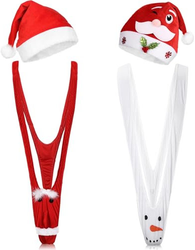 Hestya 4 Stück Weihnachten Mankini Weihnachtsmützen Set Weihnachtskostüm für Männer Nikolausmützen für Herren(Niedlich)