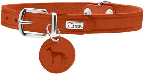 HUNTER Hundehalsband Aalborg, Farbe: orange, Robustes & strapazierfähiges Leder, Starke Fettung, ideal für Hundesport & Alltag, mit Lederanhänger, Made in Germany, Größe: 32