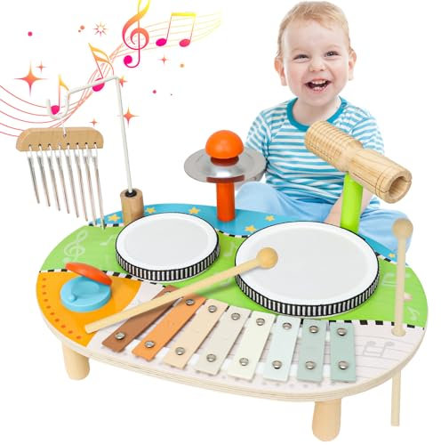 YGJT Schlagzeug Kinder, Trommel Musikinstrumente Kinder ab 1 2 3 Jahre mit Windspiel , Montessori Baby Spielzeug Kinderspielzeug Holzspielzeug für Ostern Weihnacht Geschenk Junge Mädchen