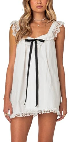 Women's Lace Mini Dress Bowknot Flying Sleeve Backless Short Dress A-line Casual Dress Summer Beach Club Streetwear (A-White, M)