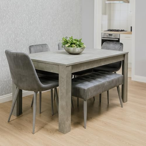 KOSY KOALA Dining Table and Chairs Set with 1 Velvet Bench - Stone Grey Kitchen Table with 4 Grey Velvet Dining Chairs - Modern 6 Seater Kitchen Room Furniture Set - 140 x 80 x 75 cm
