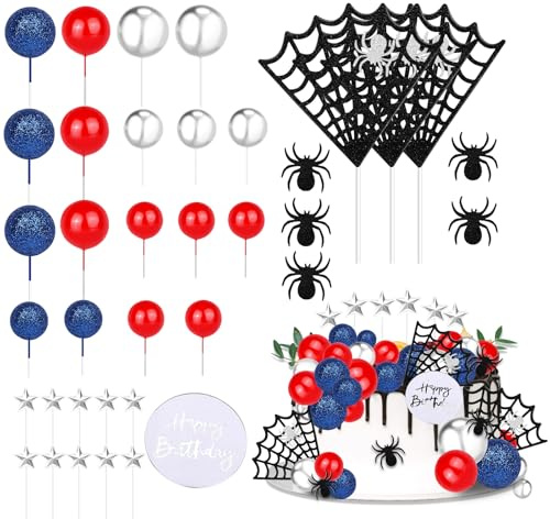 Wozoohyi Spider Theme Cake Topper,37 Pcs hero Theme Birthday Party Decor with Spider Web Red Silver Blue Balls Stars for Men Boys Birthday Party Baby Shower Supplies (Spider)