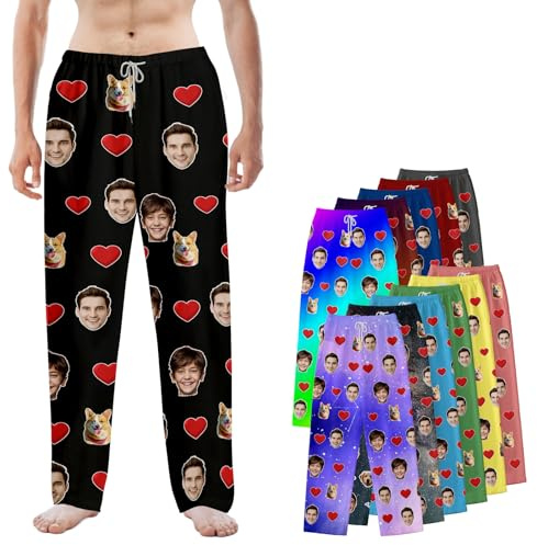 DXDOING Pantalon de Pyjama Personnalisé avec Photo Visage – Pyjama Drôle pour Hommes Femmes Cadeau Personnalisé Original Noël, Anniversaire, Saint-Valentin