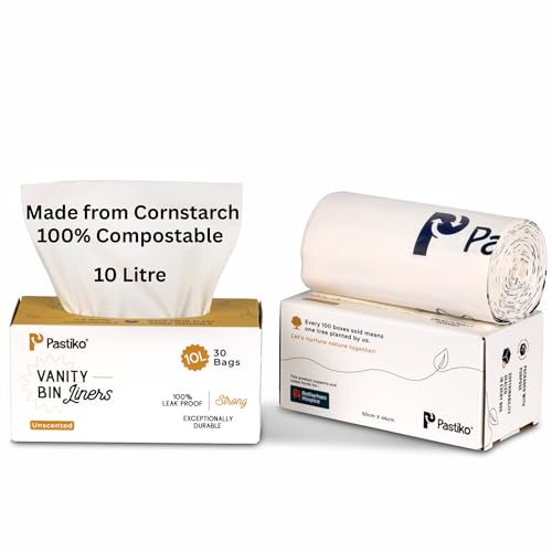Pastiko Compostable Bin Liners 10L Food Waste Bags | 30 Pcs | Leak-Proof Biodegradable | Strong Cornstarch Rubbish Bags | TUV Home Compostable | Ideal for Kitchen Bathroom Bedroom