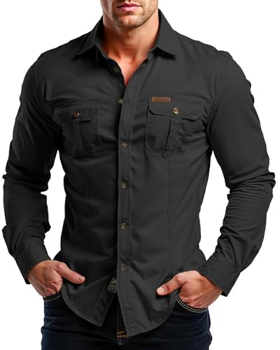 Misfuso Chemises Homme en Coton à Manches Longues Modèle Randonnée Style Cowboy Col Montant Tenue Tactique Usage Extérieur/Travail Look Safari Uni et Décontracté 2 Poches Noir XL