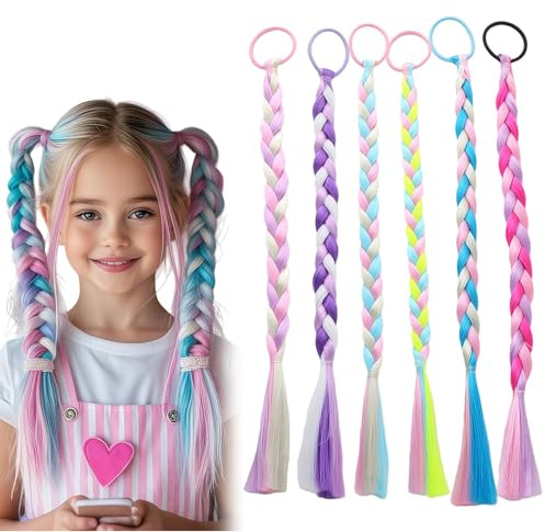 CHarmeFleur Juego de 6 Extensiones de Cabello Trenzadas de Colores para Niñas Trenzas Sintéticas Elásticas y Atables Divertidas y Fáciles Piezas de Cabello para Niñas Ado