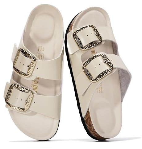 Project Cloud Genuine Leather Flat Sandals for Women 2026 Comfortable Beach Essentials Womens Sandals Memory Foam Vacation Essentials Slides for Women Footwear (Santorini, MARSHMLEA,8M)