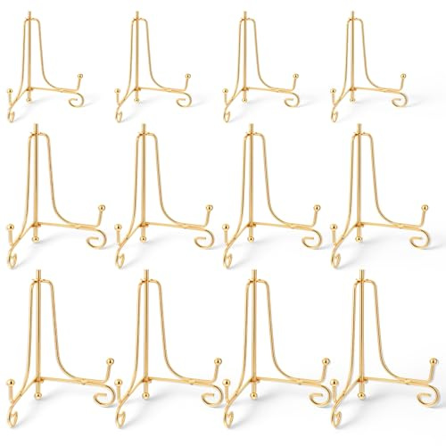 IMengjbang 12 Pcs 3 Size Gold Iron Plate Stands for Display, 4 6 8 Decorative Metal Plate Holders Display Stand Gold Easel Stands for Photo, Frame, Book, Card, Plaque, Bowl, Picture
