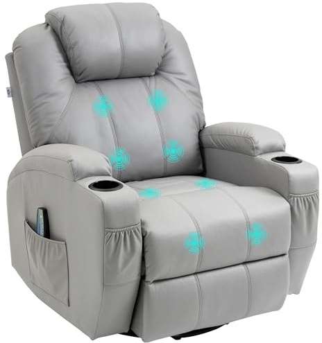 HOMCOM Poltrona Reclinabile a 145° con Poggiapiedi, Poltrona Relax Massaggiante e Riscaldata con 5 Programmi e 8 Punti Vibranti (Pelle PU, Grigio, 89L x 99P x 106A cm)