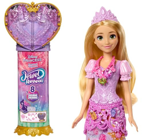 Mattel Disney Princess - Rapunzel Jewel Reveal, bambola alla moda ispirata al film con 9 accessori a sorpresa, anello indossabile e portagioie a forma di cuore inclusi, 3+ anni, JLK28