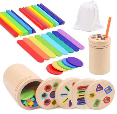 4 in 1 Montessori Toys for 1 Year Old Baby Wooden Color Sorting Toddler Toy | Toys for 1 Year Old Boys Girls, Colour Shape Sorter, Wooden Travel toys Fine Motor Skill Learn Toys Gifts for 1 2 3 Year Old