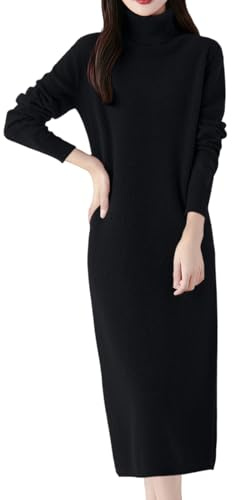 MJGkhiy Robe Femme Tricot Laine Élégant Long Vêtements Pull D'hiver Col Haut Travaillé Robes Pulls Curvy Élastique Manches Longues Robe Chandail, Noir , L