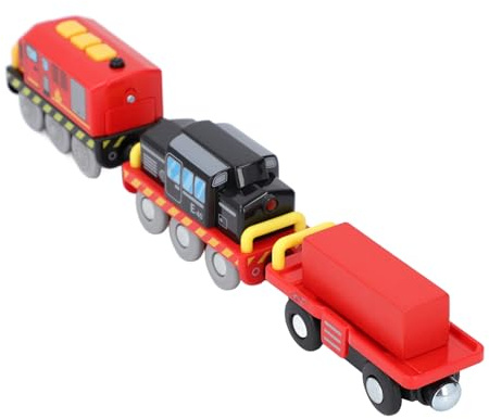 Omquot Juego de Tren de Acción Motorizado para Niños con Conexión Magnética y Funcionalidad de Piloto Automático, Jugar en Casa y Al Aire Libre, ABS Madera de Haya, 3 Trenes de Juguete