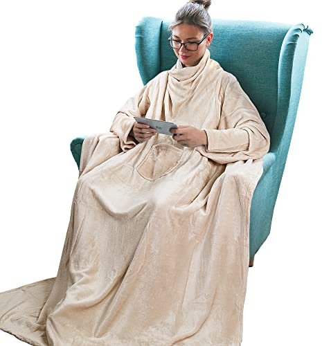 Catalonia Classy coperta in pile con maniche, micro peluche morbido coperta da indossare, soffice coperta, plaid maniche per uomini, donna, fidanzata, moglie, 185 x 130 cm, Regalo, Latte macchiato