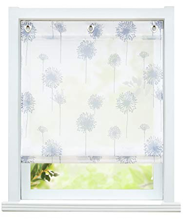 ESLIR Raffrollo ohne Bohren Raffgardine mit Ösen Transparent Gardinen mit U-Haken Ösenrollo Modern Weiß Löwenzahn Muster BxH 80x140cm 1 Stück