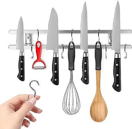 Modern Innovations Soporte magnético de metal de acero inoxidable de 16 pulgadas, barra doble de montaje en pared con 8 ganchos, tira magnética multiusos para cuchillos, colgador de utensilios e imán