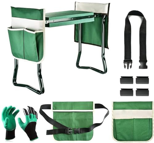 BDL Garden Kneeler and Seat, Upgraded Folding Bench Stool Portable Kneeler, Sturdy Gardening Tools with 2 Free Tool Pouch, Detachable Belt, A Pair of Garden Gloves, EVA Kneeling Pad