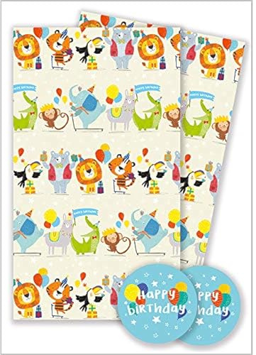 Abacus Cards Wrapping Paper 12365A Party Animals Gift Wrap Pack with 2 Sheets & 2 Tags, Plastic Free & FULLY RECYCLABLE, multicoloured