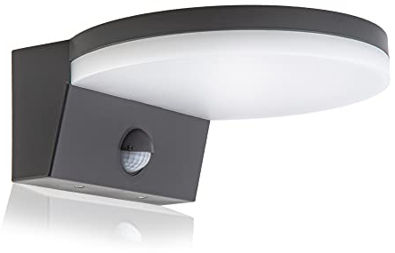 HUBER LED Wandlampe mit Bewegungsmelder 140° 15W, 2300lm I IP54 geschützte LED Außenleuchte mit Bewegungssensor I Wandleuchte innen, Disk, anthrazit