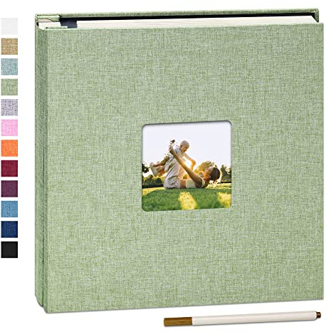 Yopih Self Adhesive Photo Album with Window, 60 Pages, 33x32cm, Grassgreen | Linen Cover, Photo Scrapbook, Metallic Pen, Photos 10X15 13X18 15X20 20X25 Cm, Wedding Baby Family
