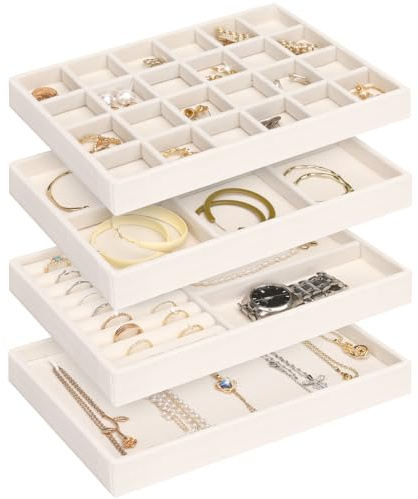 Jenseits 4 Jewelry Organizer Drawer Insert, Stackable Velvet Jewelry Tray Organizer Display Case Storage Containers, Earring Holder Necklace Watch Bracelet Accessary Ring Trays, Gift For Women (Beige)