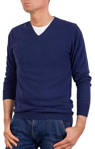 Marenza Jersey de Hombre con Cuello en V en Mezcla de Cachemira y Seda, Made in Italy, Azul Melange, XL