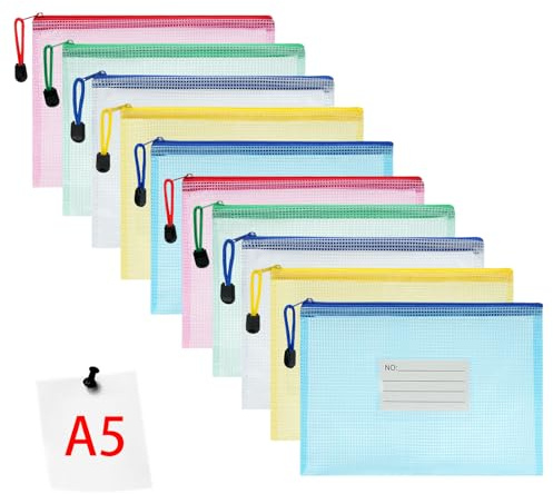 Vicloon Pochette en PVC Zip Document Dossier, 10pcs A5 Zip Sac de Dossier Stockage Sacs à Glissière avec sac d'étiquette pour Produits de Beauté Articles de Bureau Accessoires de Voyage
