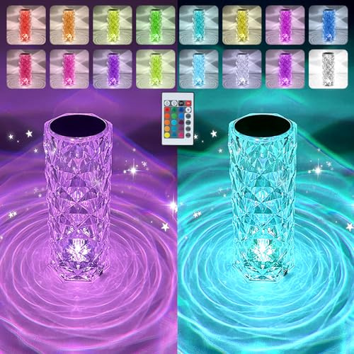 2 Pack Crystal Table Lamp, Remote and Touch Control Rose Wave Lamp, RGB Color Changing Night Light, Dimmable, USB Rechargeable Decoration Ambient Lighting for Dinner/Bars/Game Room/Living Room/Bedroom