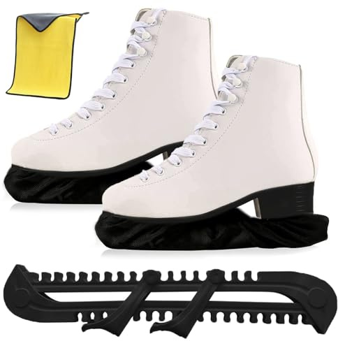 DAZZTIME Kufenschoner Schlittschuhe,Schoner für Schlittschuhkufen,1 Paar Elastische Kufenstrümpfe+1 Paar Verstellbar Schutz Kunststoff+1 Stück Handtuch,Kufenschutz für Erwachsene Kinder.