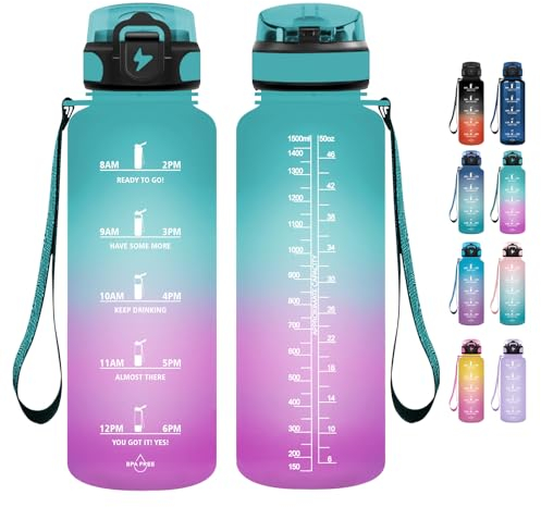 Grsta Borraccia 1,5 Litri, Borraccia Palestra senza BPA, Borraccia Sportiva con Cannuccia & Indicatore del Tempo Motivazionale, per Studio Fitness, Scuola, Ufficio - Polvere verde