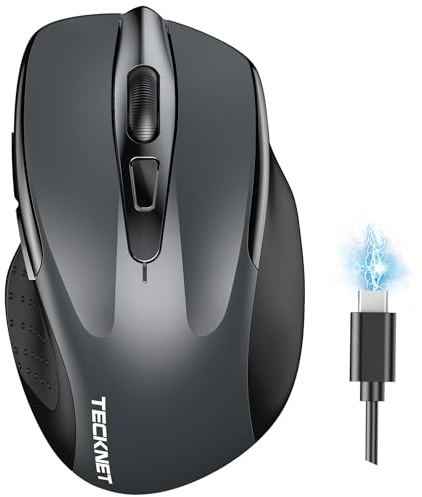 TECKNET Wireless Mouse (BT5.0/3.0 & 2.4G) Rechargeable 4800 DPI Silent USB A & Bluetooth Mouse 6 Buttons, Wide Compatibility - Grey