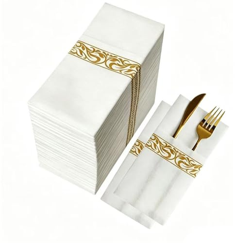 CHEERDO Lot de 50 serviettes jetables en tissu - Poche intégrée pour couverts - Pour fête de mariage - Blanc au toucher lin - Pré-pliées pour couverts (Doré 50)