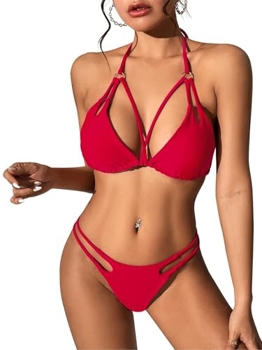 Century Star Maillot de Bain Femme 2 Pieces Maillots Deux Pièces Femme Bikini Femme Bikini String Sexy Bretelles Croisées Rouge S