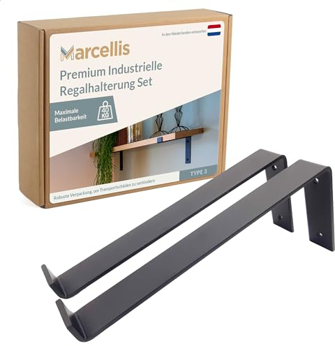 Marcellis Premium Regalhalterung für 30 cm breite Bretter, Matt Schwarz, 2x Industrielle Regalhalterungen (40 kg Tragkraft) - Hochwertige Verarbeitung und Montagematerial - 15x4x30,2 cm (HxWxD)