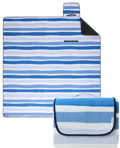 wometo eco-line nachhaltige Picknickdecke wasserdicht 200x200 100% recyceltes Fleece XXL Outdoor Gesteppte Campingdecke Stranddecke Streifen blau hellblau grün isoliert waschbar
