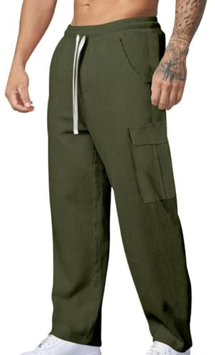 MakingDa Cargo Pantalon Velours Homme Côtelé Travail Cordon Taille Elastique Regular Fit Sportif Multipoche Travail Droite Solid Jogging Pants Retro Japonais Décontracté Casual Trousers Vert L